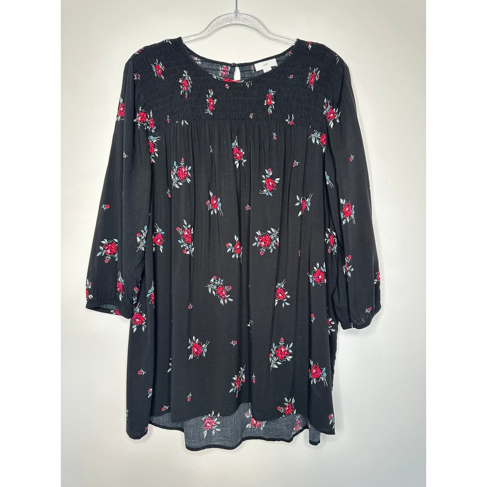 J Jill Smocked Yoke Tunic Top Size L Black Floral Long‎ Sleeve Boho Cottagecore